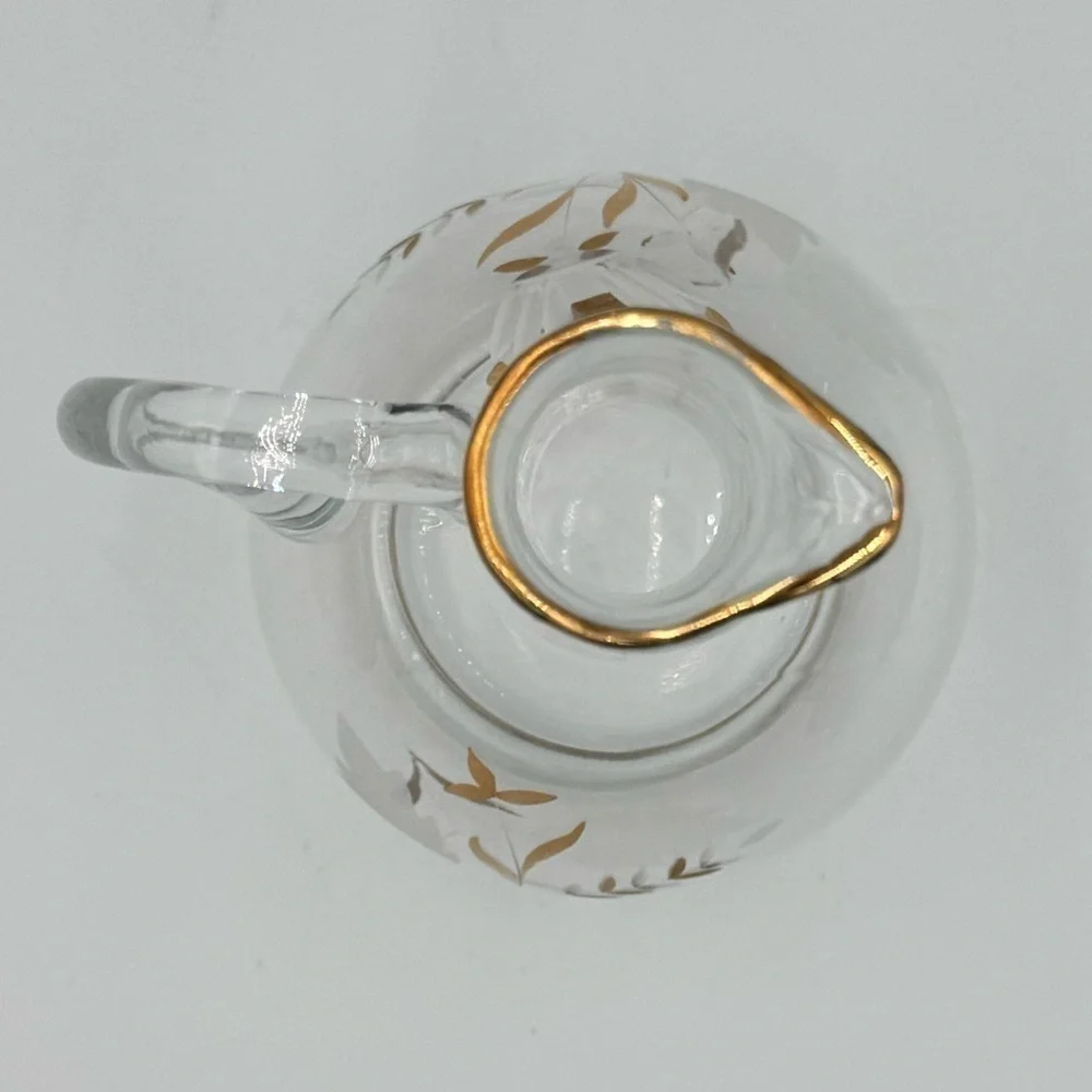 Vintage Hand Blown Glass Pitcher Applied Handle Etched with Gold Gild